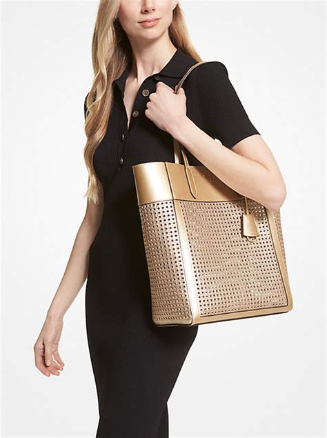 michael michael kors sinclair large perforated leather tote bag|Michael Kors striped tote bag.